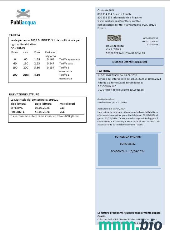 Włochy Publiacqua rachunek za usługi komunalne szablon w formacie Word i PDF